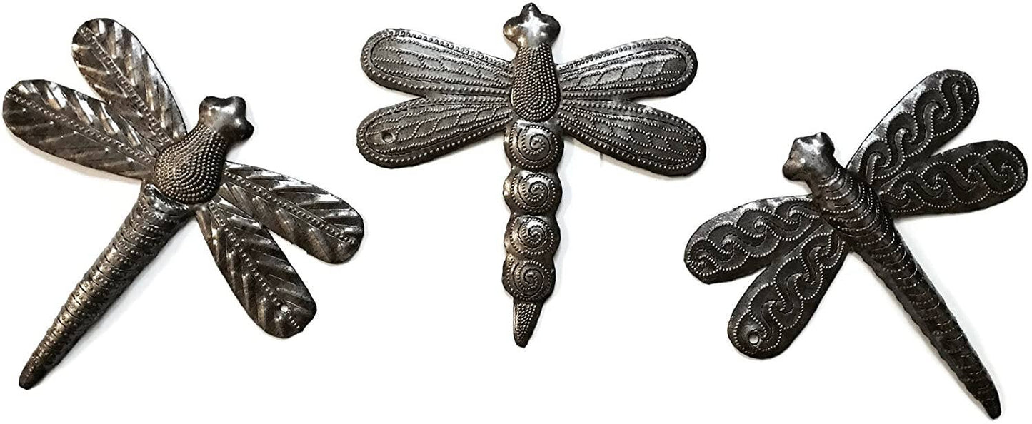 6" Metal Dragonfly Art, Haiti Fair Trade Set of 3 Handmade Indoor Outdoor Haitian