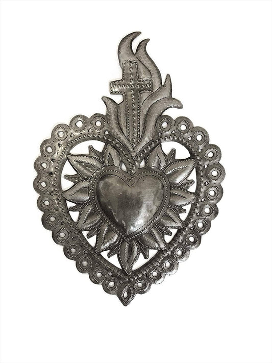 Flaming Sacred Heart with Cross,Haitian Metal Art 7"x10.25"