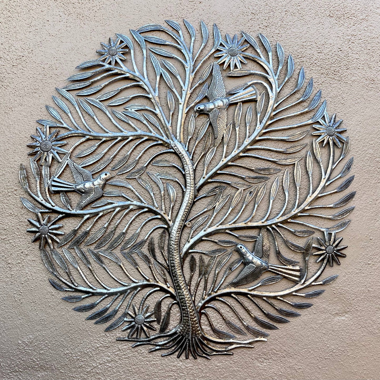 Delicate Cut Tree with Birds, Haitian Wall Hanging 23 Inch Modern Metal Art