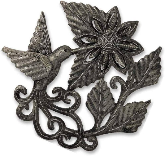 Hummingbird and a Flower, Garden Metal Wall Hanging Plaques 7" x 8" Handmade in Haiti