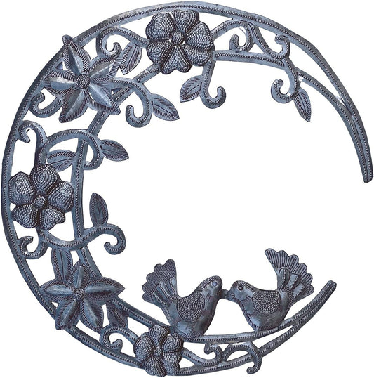 Moon with Flowers and Birds, Metal Wall Art 12" x 12"