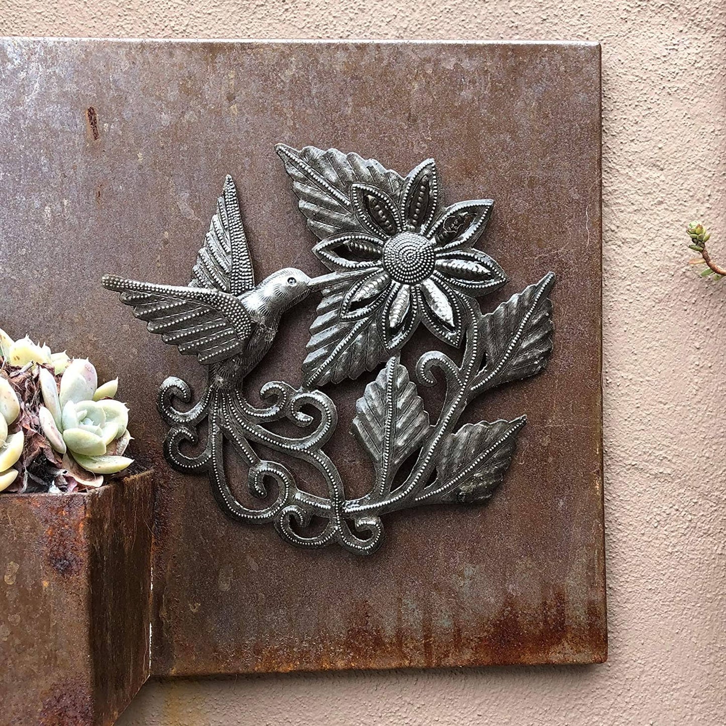 Hummingbird and a Flower, Garden Metal Wall Hanging Plaques 7" x 8" Handmade in Haiti