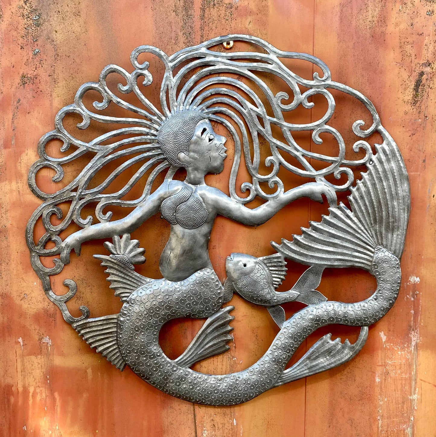 Mermaid Wall Hanging Artwork, 23" Metal Sculpture, Sea Life Home Decor, Handmade in Haiti