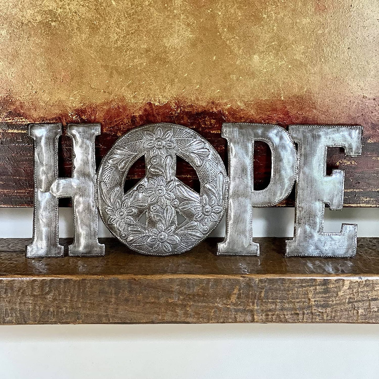 Hope & Peace Metal Wall Art, Reclaimed Word Sign, 20" x 8"