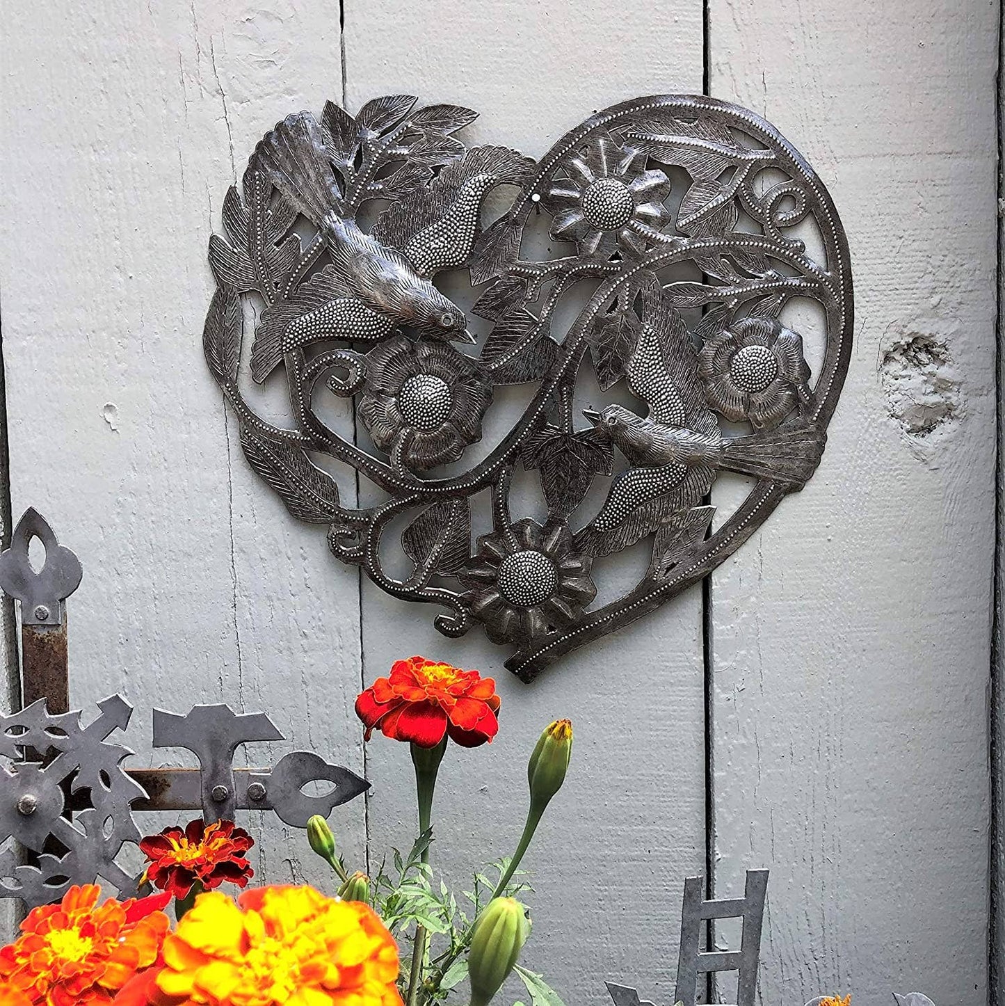 Floral Heart, Garden Art, Handmade Haiti, 11" x 10"