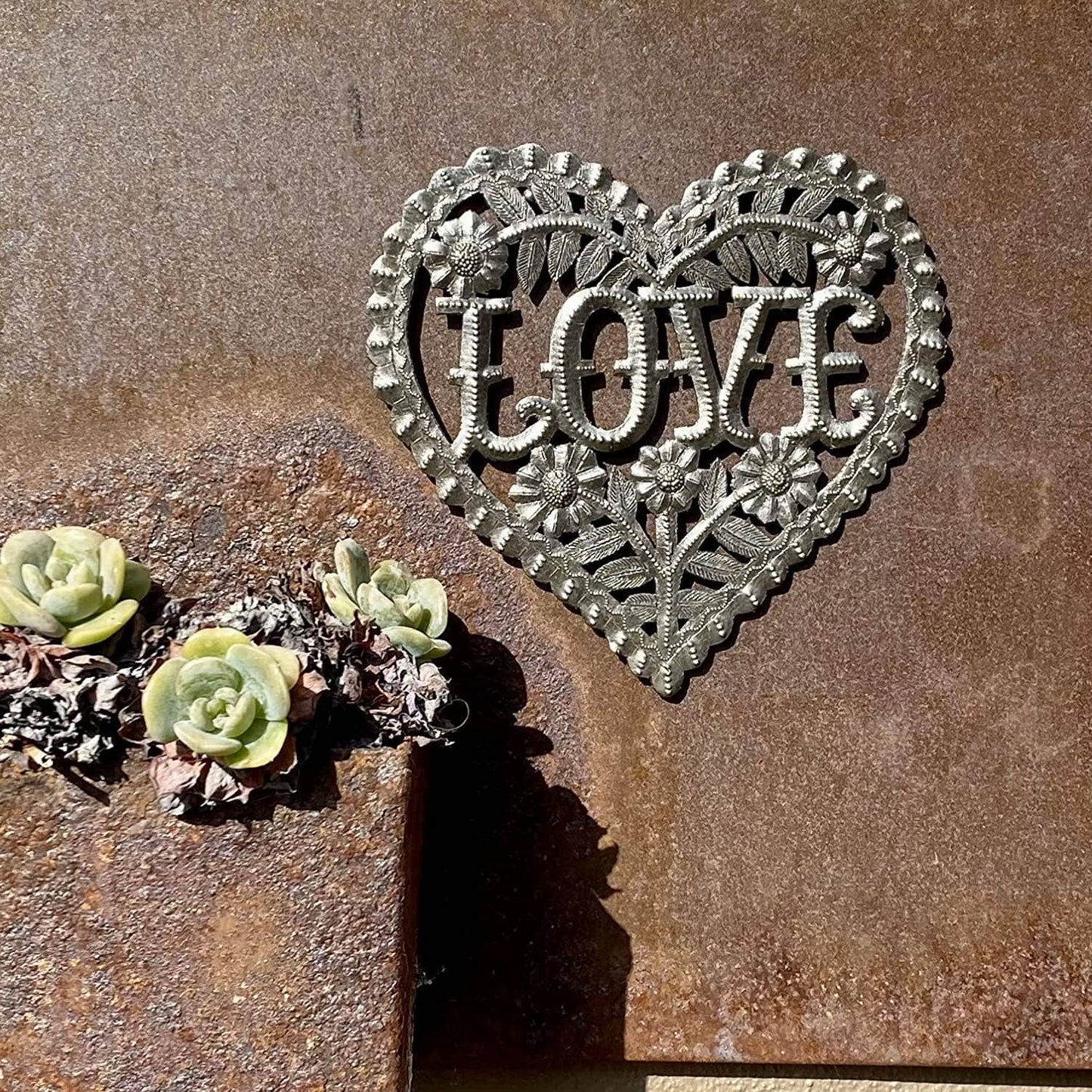 Love Heart, Family Friendship Wall Hanging, Handcrafted Milagro Metal Hearts 6" x 6"